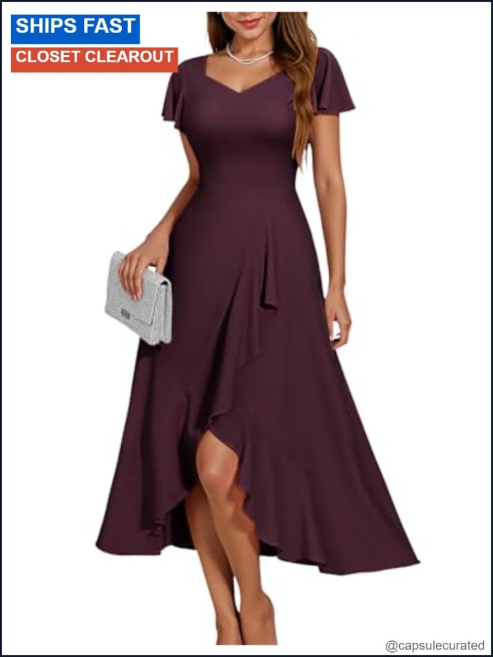Formal Wedding Guest Dress V-Neck Ruffle Sleeve High Low Cocktail